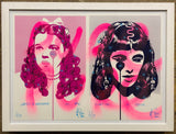 Judy & Liz Diptych prints framed with stencil tagged frame and glass - we are floating in space