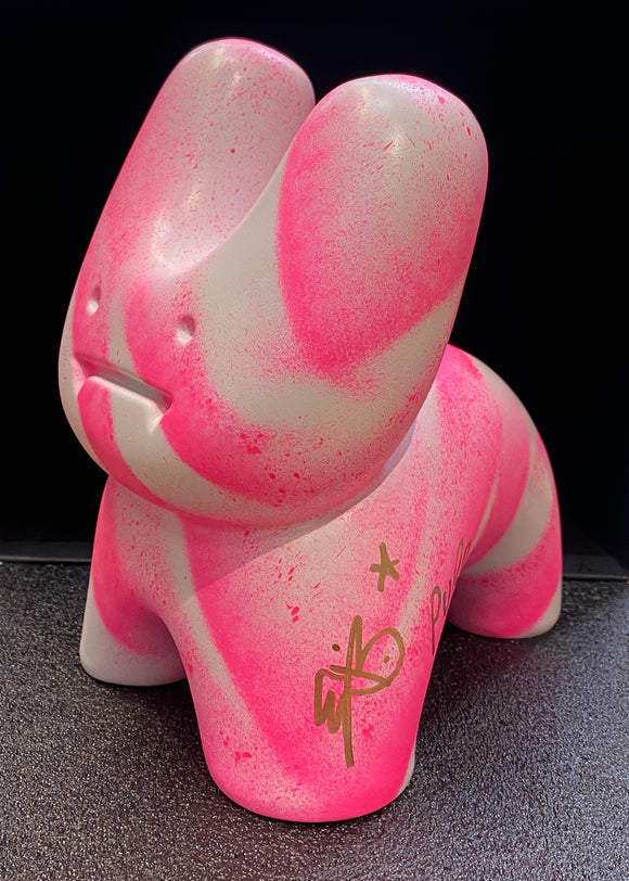 HANDFINISHED BIG BUNNY - Pink Fluoro zebra sculpture with gold bunny tag handfinishing