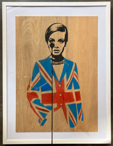 Twiggy in Mod Jacket - Stencil on wooden panel - Framed in white medium edge frame