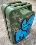 Highly flammable - chrome Bunny tags and stencil on metal 5 gallon fuel tank