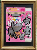 Rainbow Hoops - Bunny tags on faded cereal packet in ornate frame