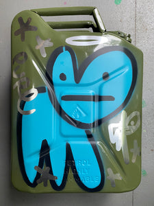Highly flammable - chrome Bunny tags and stencil on metal 5 gallon fuel tank