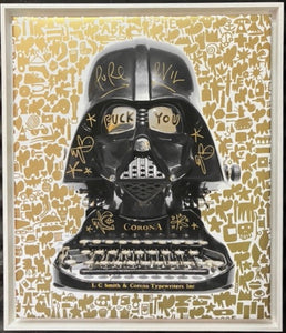 Darth typewriter = May the F**K be with you - 5 sided gold icons in white tray frame - Handfinished Canvas in white tray frame