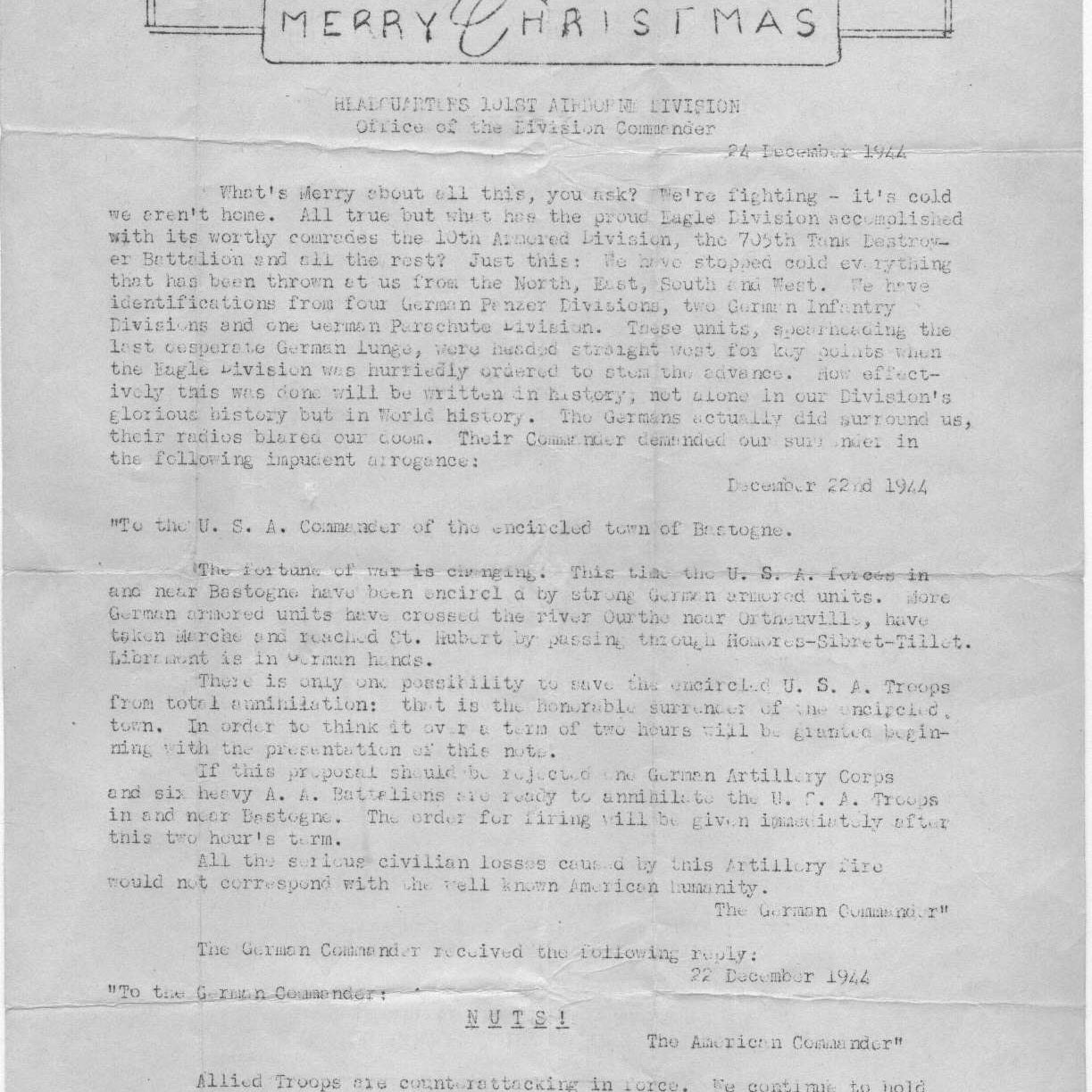 A letter from General McAuliffe on Christmas Day to the 101st Airborne troops defending Bastogne.
