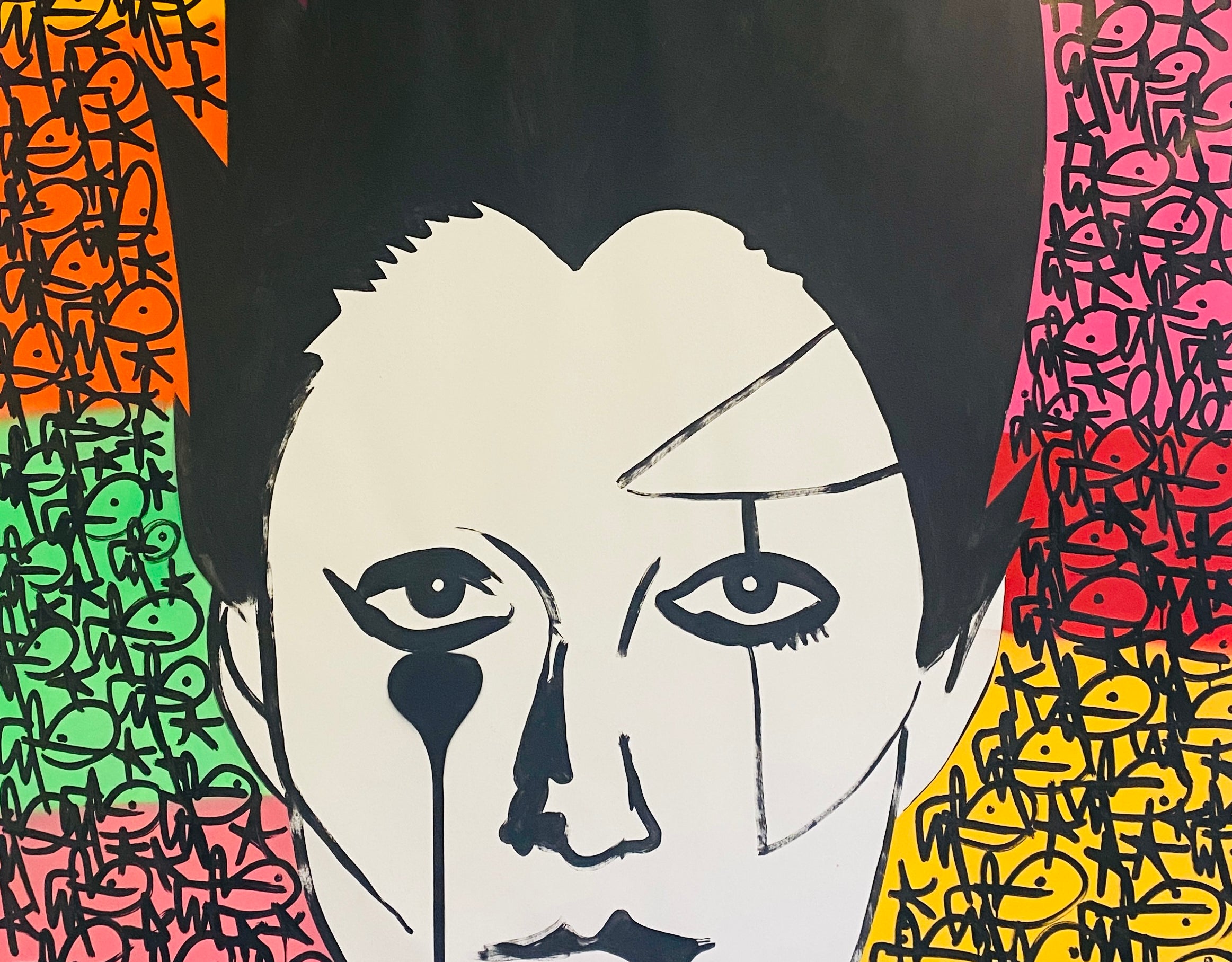 a loosely painted canvas of punk icon Jordan with tags in the background