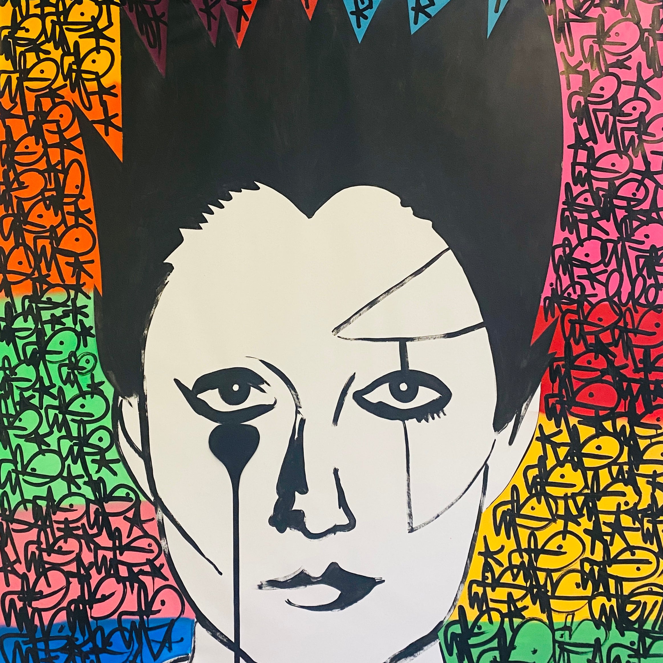 a loosely painted canvas of punk icon Jordan with tags in the background