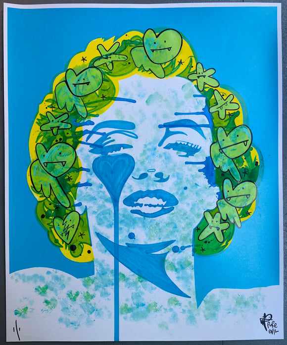 when I dream, I dream of Marilyn - drawing on screenprint green machine